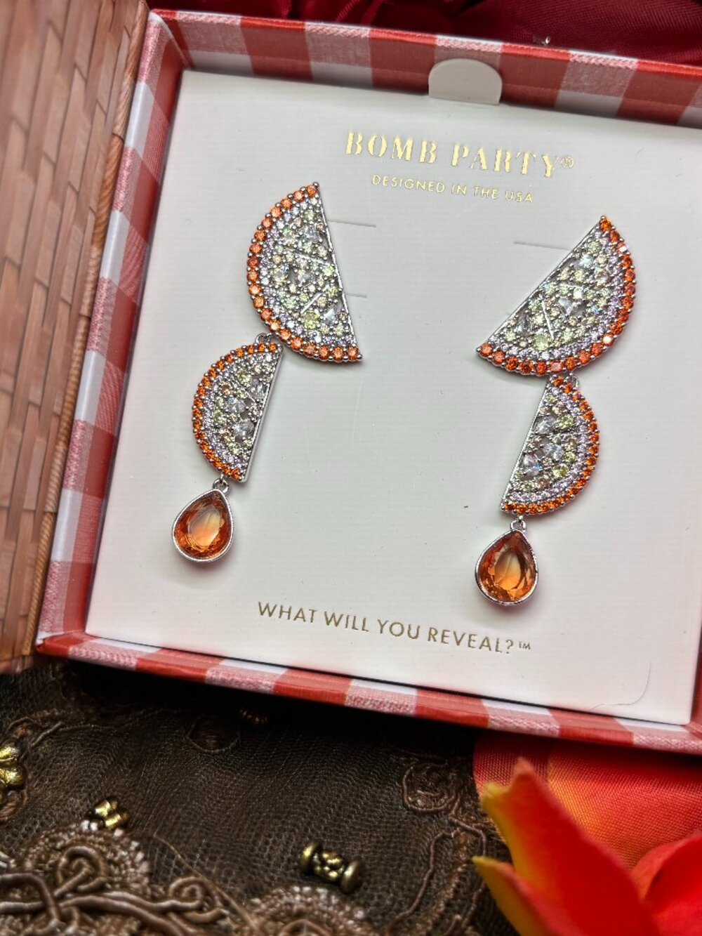 Bomb Party "Under The Orange Tree" Market Fresh Drop Earrings with Rhodium Plati